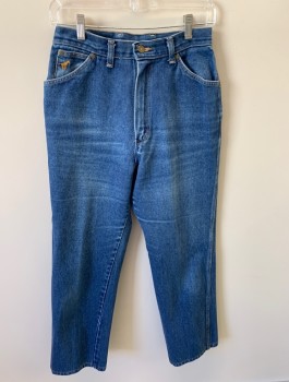 WRANGLER, Denim Blue, Cotton, Solid, 3 Front Pockets, Zip Front, Whiskering In Front, 2 Back Pockets