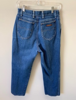 Womens, Jeans, WRANGLER, Denim Blue, Cotton, Solid, 28 W, 12, 3 Front Pockets, Zip Front, Whiskering In Front, 2 Back Pockets
