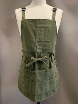 NL, Olive Green, Cotton, Solid, Adjustable Strap, Several Pockets, Belt Loops, Wrap Around Waist Tie