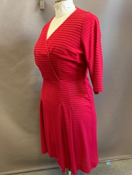 N/L, Cherry Red, Polyester, Solid, Horizontal Ribbed Texture Fabric, 3/4 Sleeves, Surplice V-neck, Knee Length, 4 Box Pleats at Front Hem, Invisible Zipper at Side, Belt Loops (But No Belt),