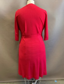 N/L, Cherry Red, Polyester, Solid, Horizontal Ribbed Texture Fabric, 3/4 Sleeves, Surplice V-neck, Knee Length, 4 Box Pleats at Front Hem, Invisible Zipper at Side, Belt Loops (But No Belt),