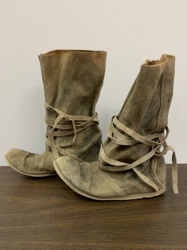 Mens, Historical Fiction Boots , NO LABEL, Brown, Leather, Solid, 10, Below Knee Length, Suede, Wrap Around Strap