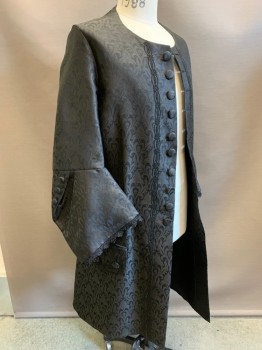 Mens, Historical Fiction Frock Coat, N/L MTO, Black, Polyester, Swirl , 38, 1700's Made To Order, Brocade, Round Neck, Seed Beaded Trim at Front, Fabric Covered Buttons, 2 Pockets at Hips with Large Decorative Flaps, 3 Vents/Slits at Back Hem