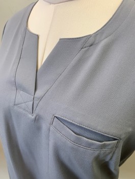 JAANUU, Gray, Polyester, Rayon, Solid, S/S, Round Neck With V Notch, 1 Welt Pocket, Fitted Feminine Style