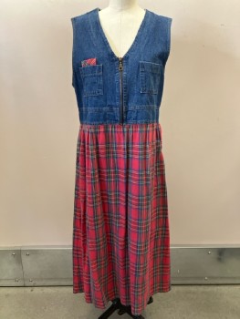 CAROL ANDERSON, Denim Blue Top, Red Plaid Skirt, V Neck Sleeveless, Zip Front, 5 Pockets