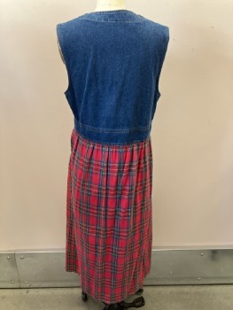 CAROL ANDERSON, Denim Blue Top, Red Plaid Skirt, V Neck Sleeveless, Zip Front, 5 Pockets