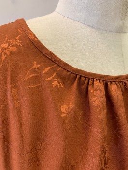 Womens, Dress, Long & 3/4 Sleeve, SANDRA DARREN, Sienna Brown, Polyester, Floral, M, Self Pattern Jacquard, 3/4 Sleeves, Gathered Scoop Neck, Elastic Waist and Cuffs, Mid Calf Length, Retro 80's Throwback Style, **With Matching Fabric BELT