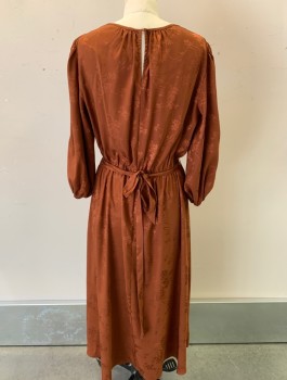 Womens, Dress, Long & 3/4 Sleeve, SANDRA DARREN, Sienna Brown, Polyester, Floral, M, Self Pattern Jacquard, 3/4 Sleeves, Gathered Scoop Neck, Elastic Waist and Cuffs, Mid Calf Length, Retro 80's Throwback Style, **With Matching Fabric BELT