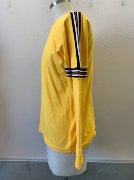 Mens, Pullover Sweater, Urban Outfitters, Yellow, Black, White, Red, Cotton, Solid, M, L/S, Crew Neck, Stripe Bands on Sleeves,