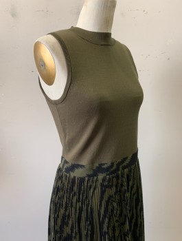 Womens, Dress, Sleeveless, TED BAKER, Olive Green, Black, Polyester, Viscose, Solid, Abstract , S, Top Half is Knit with Mock Neck, Bottom is Patterned Chiffon with Tight Accordion Pleats, Mid Calf Length
