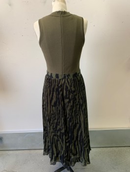 Womens, Dress, Sleeveless, TED BAKER, Olive Green, Black, Polyester, Viscose, Solid, Abstract , S, Top Half is Knit with Mock Neck, Bottom is Patterned Chiffon with Tight Accordion Pleats, Mid Calf Length
