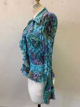 Womens, Blouse, Sunny Taylor, Turquoise Blue, Purple, Lt Blue, Lt Yellow, Black, Polyester, Paisley/Swirls, Medallion Pattern, S, L/S, Button Front, C.A., Ruffled Chest, Lace Bottom Detail,