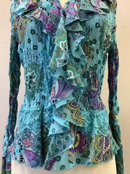 Womens, Blouse, Sunny Taylor, Turquoise Blue, Purple, Lt Blue, Lt Yellow, Black, Polyester, Paisley/Swirls, Medallion Pattern, S, L/S, Button Front, C.A., Ruffled Chest, Lace Bottom Detail,