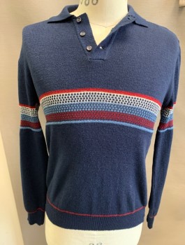 KP COLLECTION , Navy Blue, Maroon Red, Antique White, Lt Blue, Acrylic, Stripes - Horizontal , Grid , Polo, Pullover, LS, Early 1980's