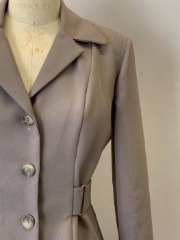 Womens, 1980s Vintage, Suit, Jacket, BREAKIN LOOSE, Dk Khaki Brn, Polyester, Solid, W26, B34, H36, L/S, B.F., Single Breasted, Peaked Lapel, Waist Band