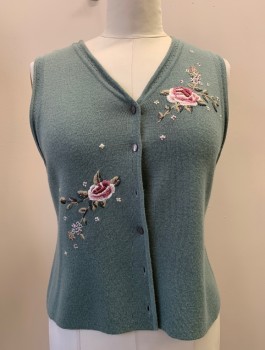 KORET, Sky Blue, Beige, Rose Pink, Sage Green, Acrylic, Wool, Solid, Floral,  Knit, Button Front, V Neck, Embroiderred Flowers with seed beads, ( missing 1 button)