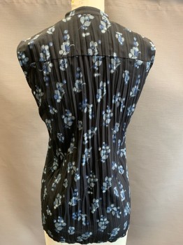 Womens, Top, VINCE, Black, Blue, Gray, Synthetic, Floral, XXS, Slvls, Button Front, Band Collar,  Pleated