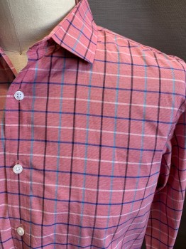 Mens, Casual Shirt, J CREW, Dusty Red, Blue, White, Black, Turquoise Blue, Cotton, Plaid-  Windowpane, L, L/S, Button Front, White Gussets