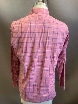 Mens, Casual Shirt, J CREW, Dusty Red, Blue, White, Black, Turquoise Blue, Cotton, Plaid-  Windowpane, L, L/S, Button Front, White Gussets