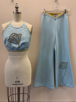Womens, 1970s Vintage, Piece 1, NO LABEL, Baby Blue, Gold, Polyester, Solid, W26, B32, Halter Top, Neck And Back Tie, Gold Trim, Gold And Blue Rhinestones And Studs, Flower Shaped, Made To Order,