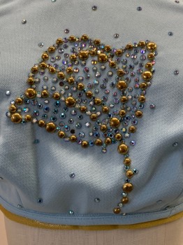 Womens, 1970s Vintage, Piece 1, NO LABEL, Baby Blue, Gold, Polyester, Solid, W26, B32, Halter Top, Neck And Back Tie, Gold Trim, Gold And Blue Rhinestones And Studs, Flower Shaped, Made To Order,