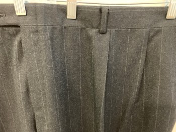 BURBERRY ROCHESTER, Charcoal Gray, Lt Gray, Wool, Stripes - Vertical , Double Pleat, 4 Pockets, Tab Close Waistband, Belt Loops,