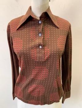 Womens, Blouse, N/L, Brown, Brown, Red, Polyester, Abstract , B:34, Knit, L/S, Dagger Collar, Pullover, 4 Button Placket