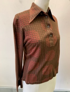 N/L, Brown, Brown, Red, Polyester, Abstract , Knit, L/S, Dagger Collar, Pullover, 4 Button Placket