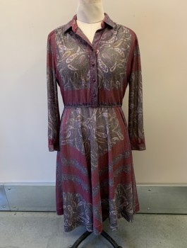 HALFERMAN, Mauve Purple, Olive Green, Multi-color, Polyester, Paisley/Swirls, C.A., Button Front, L/S, Elastic Waistband, Yellow And Off White Details, Gold And Rose Gold Tinsel, Sheer