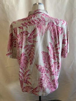 Mens, Hawaiian Shirt, TOMMY BAHAMA, Lt Gray, Magenta Pink, Olive Green, Cotton, Silk, Hawaiian Print, XL, S/S, Button Front, Plastic Wood Buttons