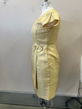RENMOR, Dull Yellow Slubbed Silk, V-N, Cap Sleeves, Princess Seams, Faux Wrap Skirt with Bow, Applique Right Shoulder And Skirt Flap, Back Zip,