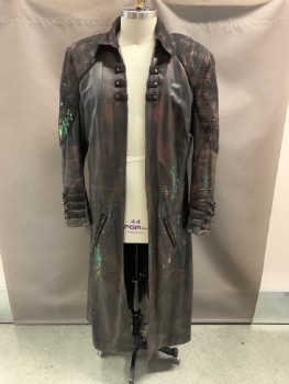 Mens, Coat, MTO, Brown, Leather, 42, C.A., Open Front, L/S, 2 Zip Pckts, Suede Shoulder/Sleeve Patch With Windowpane Stitching, Straps & Buckles At Cuffs, Floor Length, Multi Color Paint Splatter