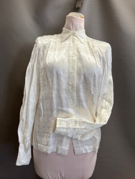 LIZ CLAIBORNE, Cream, Rayon, Polyester, Geometric, Stripes - Horizontal , C.A., B.F., L/S, Jacquard, Shoulder Pads, 3 Button Cuffs, Gathers From Front And Back Yoke
