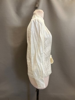 LIZ CLAIBORNE, Cream, Rayon, Polyester, Geometric, Stripes - Horizontal , C.A., B.F., L/S, Jacquard, Shoulder Pads, 3 Button Cuffs, Gathers From Front And Back Yoke
