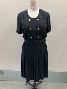 Black, Rayon, Solid, Crepe, Pull On, DB. CF Opening, Scoop Neck, Gold Buttons, Single Pleats From Shoulders To Waist, S/S, Shoulder Pads, Elastic Waist, Stitched Down Pleats From Waist To Hip, MATCHING BELT Different Fabric