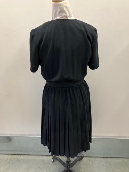 Black, Rayon, Solid, Crepe, Pull On, DB. CF Opening, Scoop Neck, Gold Buttons, Single Pleats From Shoulders To Waist, S/S, Shoulder Pads, Elastic Waist, Stitched Down Pleats From Waist To Hip, MATCHING BELT Different Fabric