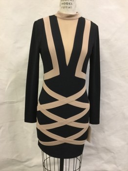 Womens, Dress, Long & 3/4 Sleeve, PRIVY, Black, Polyester, Spandex, Geometric, S/M, Stand Collar, L/S, Crepey Knit, Black with Beige Applique and Insert Criss Cross Stripes, Sheer Mesh V Center Front, , Back Zipper,