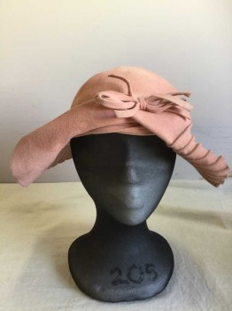 Womens, Hat, MTO, Dusty Pink, Wool, Solid, Aged,  Self Piped Band and Brim Rays, Rolled Brim with Bow