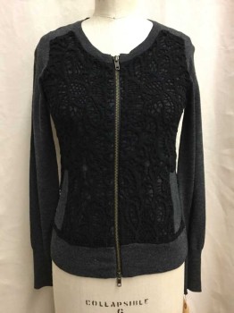 J Crew, Charcoal Gray, Black, Wool, Zip Front, Lace Front Panels, Two Pockets, Long Sleeve, Two Zip Pulls