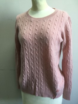 Womens, Pullover, CASHMERE, Lt Pink, Cashmere, Solid, Cable Knit, S, Pullover, Long Sleeves, 4 Button Placket Left Hip