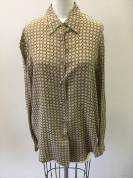 Womens, Blouse, ALLISON TAYLOR, Beige, Dk Brown, White, Silk, Medallion Pattern, S, Long Sleeve Button Front, Collar Attached, Self Fabric Covered Buttons,
