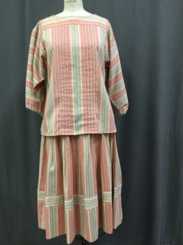 Womens, 1980s Vintage, Top, VICTOR COSTA LTD., Coral Pink, White, Lt Blue, Lt Gray, Khaki Brown, Cotton, Stripes - Vertical , Stripes - Horizontal , 26, 36, Shallow Scoop Neck, 3/4 Sleeve with Elastic, 8 Rows of 1/4" Stitched Pleating Center Front Starting Below Front Yolk, Faux Center Back Closure with 2 Buttons, Front and Back Yolks are Horizontal Stripe, Body of Blouse is Vertical Stripe, the Skirt Length is Just Below the Knee, Skirt Has a 1.5" Waistband in Horizontal Stripes, Side Pocket on Both Sides, 2" Band in Horizontal Stripe 6" Above Hem,
