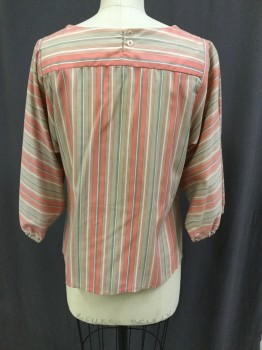 VICTOR COSTA LTD., Coral Pink, White, Lt Blue, Lt Gray, Khaki Brown, Cotton, Stripes - Vertical , Stripes - Horizontal , Shallow Scoop Neck, 3/4 Sleeve with Elastic, 8 Rows of 1/4" Stitched Pleating Center Front Starting Below Front Yolk, Faux Center Back Closure with 2 Buttons, Front and Back Yolks are Horizontal Stripe, Body of Blouse is Vertical Stripe, the Skirt Length is Just Below the Knee, Skirt Has a 1.5" Waistband in Horizontal Stripes, Side Pocket on Both Sides, 2" Band in Horizontal Stripe 6" Above Hem,