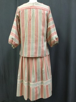 Womens, 1980s Vintage, Top, VICTOR COSTA LTD., Coral Pink, White, Lt Blue, Lt Gray, Khaki Brown, Cotton, Stripes - Vertical , Stripes - Horizontal , 26, 36, Shallow Scoop Neck, 3/4 Sleeve with Elastic, 8 Rows of 1/4" Stitched Pleating Center Front Starting Below Front Yolk, Faux Center Back Closure with 2 Buttons, Front and Back Yolks are Horizontal Stripe, Body of Blouse is Vertical Stripe, the Skirt Length is Just Below the Knee, Skirt Has a 1.5" Waistband in Horizontal Stripes, Side Pocket on Both Sides, 2" Band in Horizontal Stripe 6" Above Hem,