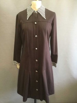 N/L, Brown, White, Polyester, Solid, Check , Solid Brown Button Front Dress, Long Sleeves, Yoke, Pleated At Thigh, White/Brown Check Collar/Cuffs/Buttons