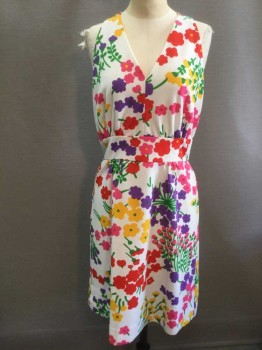Sears, White, Red, Green, Pink, Purple, Polyester, Floral, Halter Dress, V-neck, Gathered At Waistband, 2 Straps From Back Collar, Zip Back, Collar Back Hook & Eye Closure