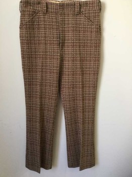 Mens, Slacks, N/L, Tan Brown, Brown, Rust Orange, Polyester, Abstract , Houndstooth, Ins:31, W:32, Abstract Houndstooth Double Knit Polyester, Flat Front, Zip Fly, 4 Pockets, Slight Boot Cut,