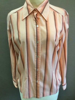 LADY MANHATTAN , Lt Pink, White, Brown, Pink, Polyester, Cotton, Gingham, Stripes, Tiny Light Pink/White Gingham Check with Light Pink/Pink/Brown Vertical Stripes, Long Sleeve Button Front, Collar Attached,