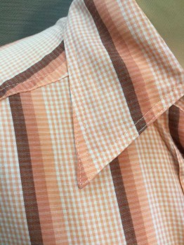 LADY MANHATTAN , Lt Pink, White, Brown, Pink, Polyester, Cotton, Gingham, Stripes, Tiny Light Pink/White Gingham Check with Light Pink/Pink/Brown Vertical Stripes, Long Sleeve Button Front, Collar Attached,