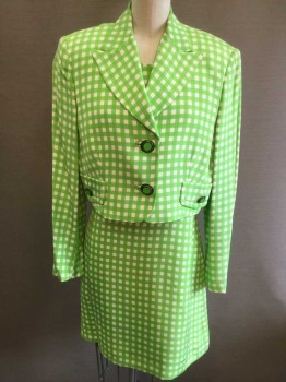 Womens, 1990s Vintage, Suit, Jacket, GIANNI VERSACE, Lime Green, White, Silk, Rayon, Gingham, B:34, Long Sleeves, Peaked Lapel, 2 Large Lime Circular Buttons with Bronze Greek Key Pattern Edge, 2 Faux Pockets with Similar Buttons, Shoulder Pads, Solid Lime Lining
